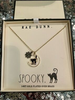 NIB Rae Dunn Gold Plated Black Cat Moon & Spiderweb Necklace